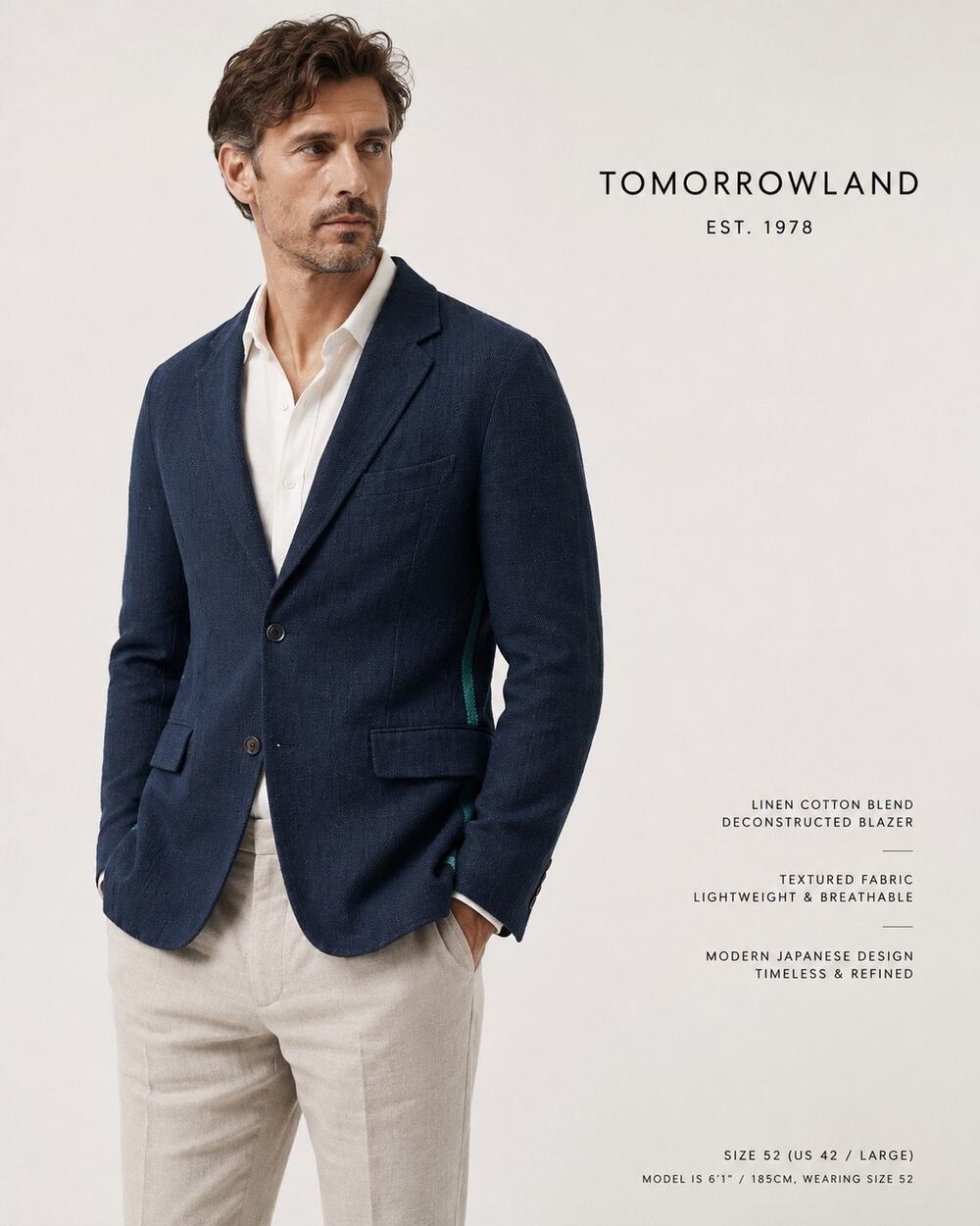 Tomorrowland Mens Blazer Size 52 US 42 Navy Linen Cotton Green Stripe Jacket